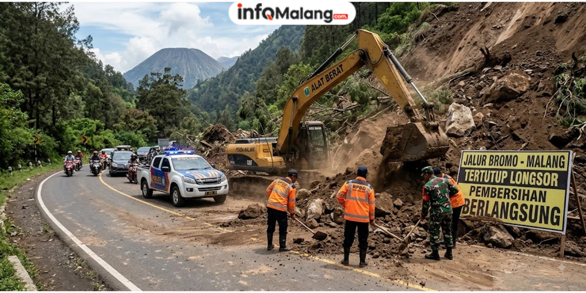 Jalur Wisata Bromo via Malang Tertutup Longsor, Petugas Bergerak Lakukan Pembersihan
