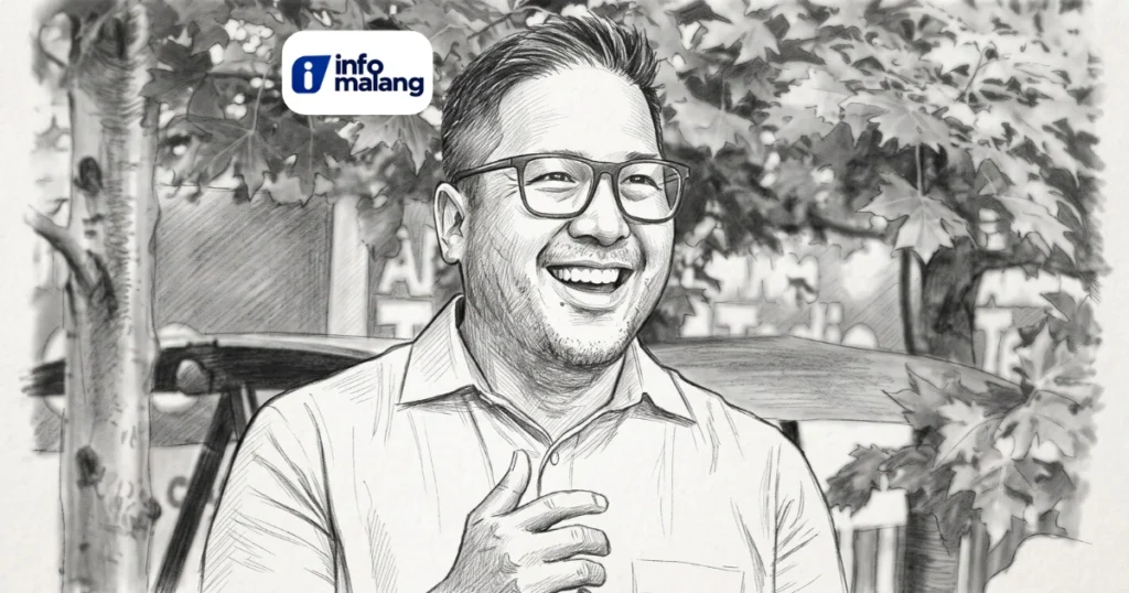 Ilustrasi sketsa pensil hitam-putih seorang pria berkacamata dan berkemeja tersenyum lebar dengan tangan di dada, berlatar pohon maple dan papan bertulisan samar, dengan logo Infomalang di kiri atas.