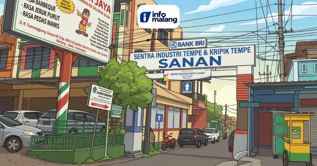 Ilustrasi kartun gapura bertuliskan Sentra Industri Tempe dan Keripik Tempe Sanan di gang permukiman Kota Malang, dengan papan reklame keripik tempe, mobil terparkir, dan gerobak kuning di tepi jalan.